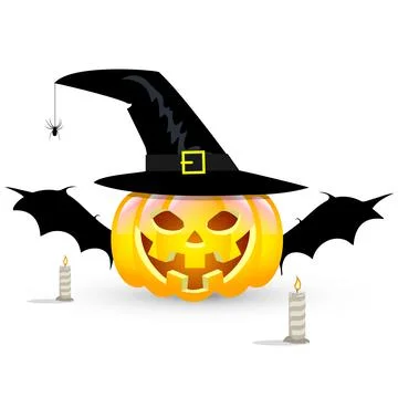 Halloween Pumpkin with magic hat and bat wings and candles Stock Illustration