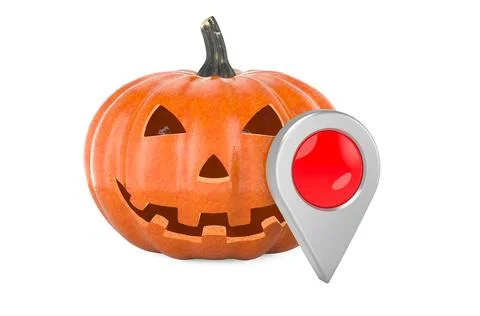 Halloween Pumpkin with map pointer, 3D rendering Stock Illustration