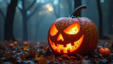 Halloween pumpkin in the night forest Stock Footage 287414594