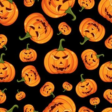Halloween Pumpkin Patch on Black Seamless Pattern Stock Illustration