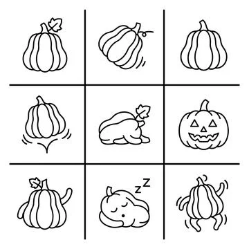 Halloween pumpkin patch illustration set, black and white line art, cartoon.. Stock Illustration