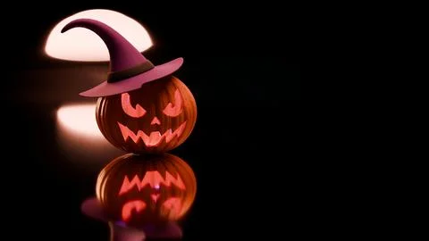 Halloween pumpkin reflection under spotlight with witch hat Stock Illustration