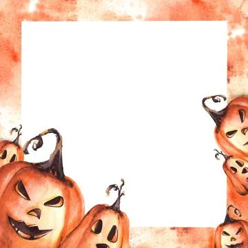 Halloween pumpkin scary face square frame Watercolor hand painting illustra.. Stock Illustration