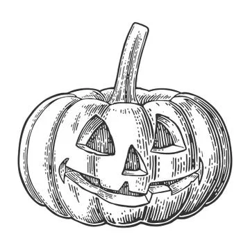 Halloween pumpkin with scary face. Vector vintage engraving illustration. Stock Illustration