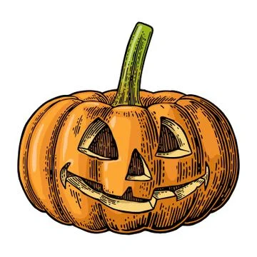 Halloween pumpkin with scary face. Vector vintage engraving illustration. イラスト素材