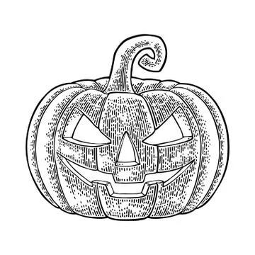 Halloween pumpkin with scary face. Vector vintage engraving illustration. Stock Illustration
