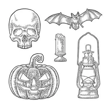 Halloween pumpkin with scary face. Vector vintage engraving illustration. Stock Illustration