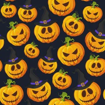Halloween pumpkin seamless pattern on black background with witch hat. Cute h Stock Illustration