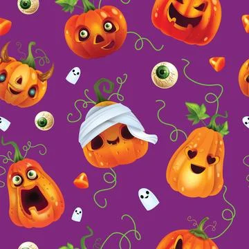 Halloween pumpkin seamless pattern, holiday crazy face spooky print Illustrazione stock