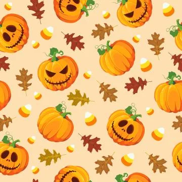 Halloween pumpkin seamless pattern with oak leaves. Cute halloween pumpkin pa Stock Illustration