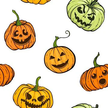 Halloween pumpkin. seamless pattern of Orange pumpkins with carving scary s.. Stock Illustration