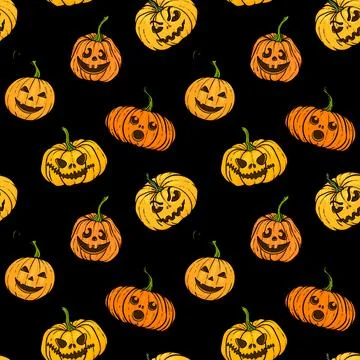 Halloween pumpkin. seamless pattern of Orange pumpkins with carving scary s.. Stock Illustration