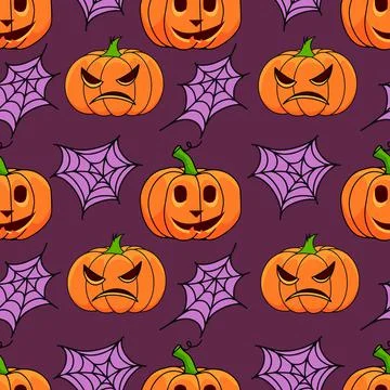 Halloween pumpkin seamless pattern on violet background. Cute halloween pumpkin Stock Illustration