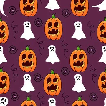 Halloween pumpkin seamless pattern on violet background. Cute halloween pumpkin Stock Illustration