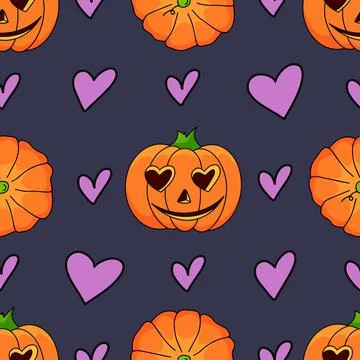 Halloween pumpkin seamless pattern on violet background. Cute halloween pumpkin Stock Illustration