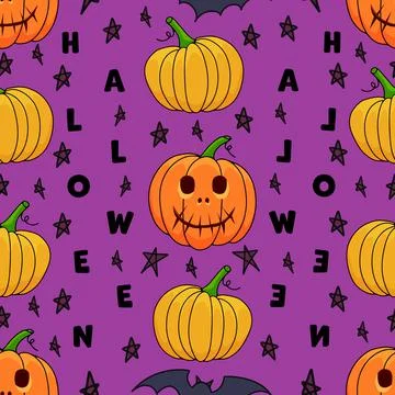 Halloween pumpkin seamless pattern on violet background. Cute halloween pumpkin Stock Illustration