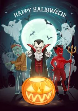 Halloween pumpkin, vampire and devil ghosts Stock Illustration