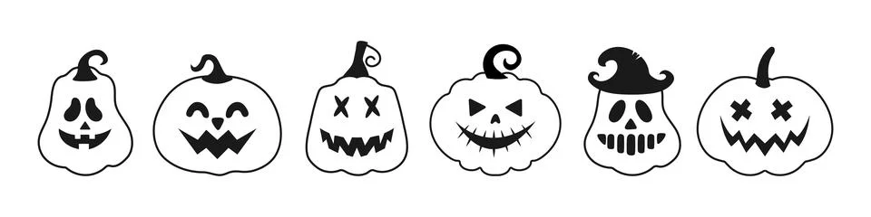 Halloween pumpkin vector set. Funny icons with spooky monster faces. Isolat.. Stock Illustration