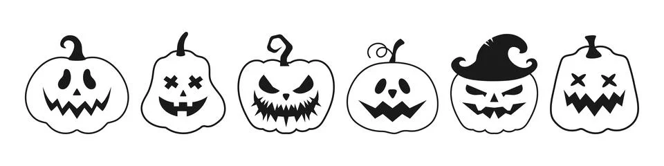 Halloween pumpkin vector set. Funny icons with spooky monster faces. Isolat.. Ilustração Stock