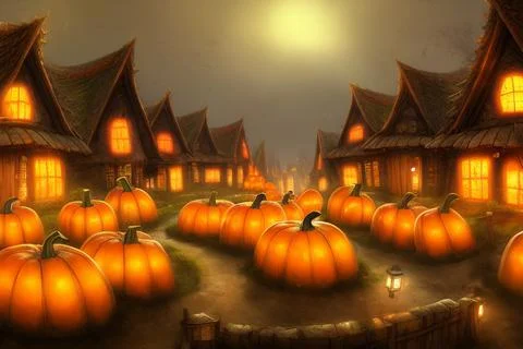 Halloween pumpkin village at night, Jack o lanterns Stock Illustration