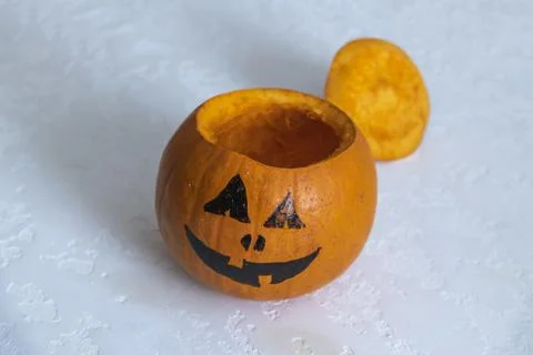 Halloween pumpkin on white table Stock Photos