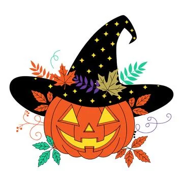 Halloween pumpkin with witch hat and autumn leaves vector Stock Illustration