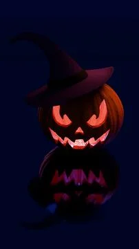 Halloween pumpkin with witch hat reflection glowing in dark scene Stock Illustration