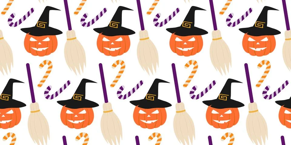 Halloween Pumpkin in Witch Hat Striped Candy Cane and Broom Halloween Seamless 库存插图