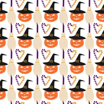 Halloween Pumpkin in Witch hat Striped Candy Canes shaped heart and Broom Stock Illustration