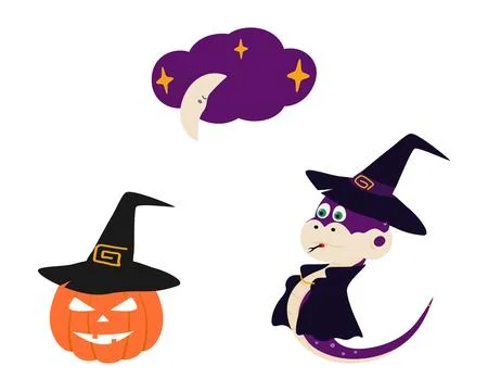 Halloween Pumpkin in Witch Hat Witch Snake in Black Cape and Crescent Cloud and Illustrazione stock