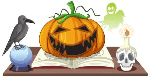 Halloween pumpkin with witch objects Stock Illustration