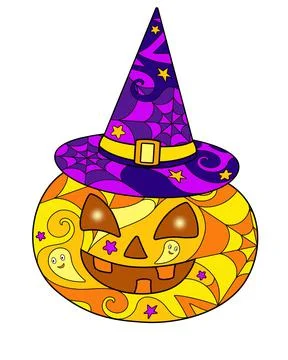 Halloween pumpkin in a witch's hat - vector linear color illustration Stock Illustration