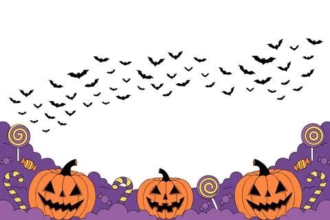 Halloween pumpkins and candy bottom border with flying bats vector Stock Illustration