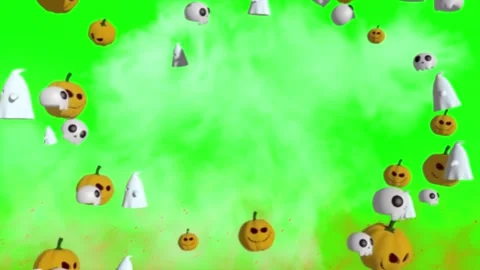 Halloween Pumpkins and Ghosts Falling on Green Screen Background Stock Footage 337454067