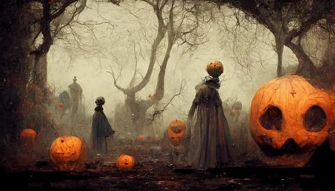 Halloween, Pumpkins and Ghosts in a haunted forest Stock Illustration