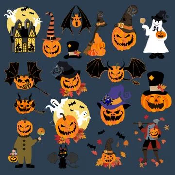 Halloween pumpkins and monsters set vector illustration Stock Illustration