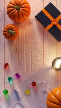 Halloween pumpkins and stuff on a table in flat lay for social media post or  스톡 사진