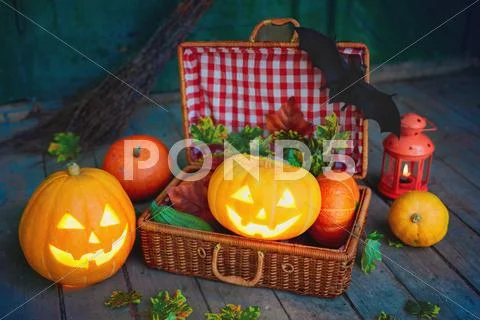 Halloween pumpkins and suitcase with vegs Stock Photos