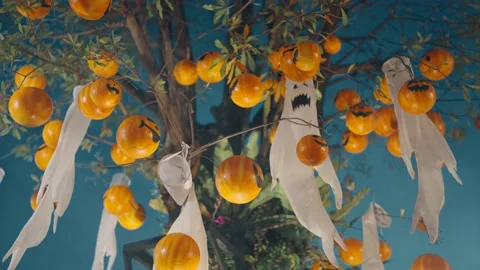 Halloween pumpkins and white ghost dolls hanging from trees on Halloween night. Stock-Footage 219384477