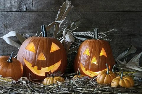 Halloween pumpkins in the barn Stock Photos