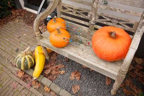 Halloween pumpkins on bench Stock Photos