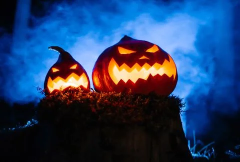 Halloween pumpkins in blue smoke or fog on a rotten tree with moss. Stockfoto's