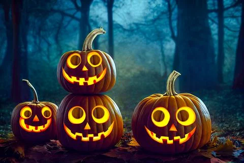 Halloween Pumpkins Burning In Forest At Night - Halloween Background Stock Illustration
