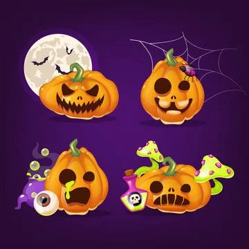 Halloween pumpkins cartoon vector illustrations set Stock Illustration