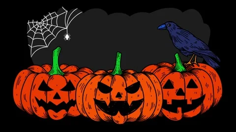 Halloween Pumpkins with Crow Spider Web and Spider Spooky 4K Animation Stock Footage 341807105
