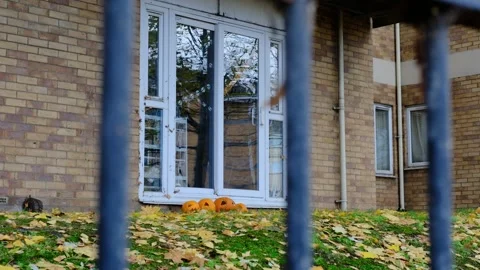Halloween Pumpkins &amp; Decorations, Reading UK Flat, Sunny Autumn Morning. Video stock 320356146