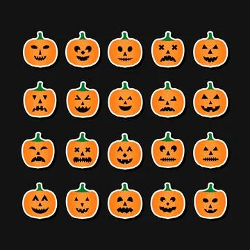 Halloween Pumpkins Faces sticker set. Halloween party decorations. Easy to ed Stock Illustration