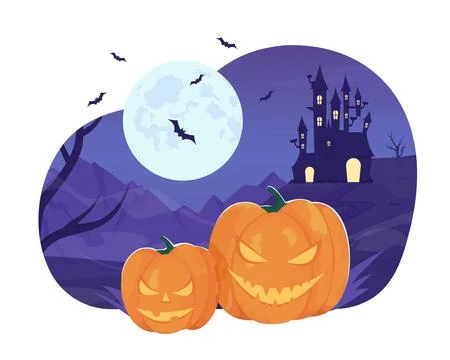 Halloween pumpkins with full moon 2D vector isolated illustration Ilustração Stock