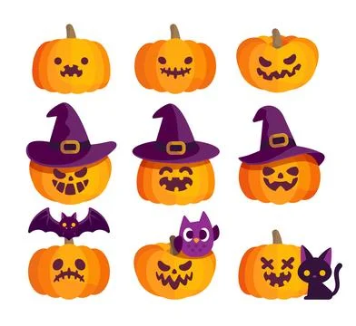 Halloween pumpkins funny face flat design vector Stock Illustration