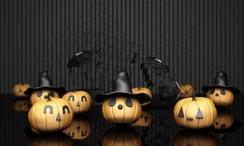 Halloween Pumpkins with geometric design pattern in black colour 3d rendering Stock Illustration